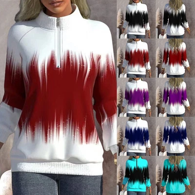 £14.39 • Buy Womens Print Zip Up Sweatshirt Ladies Long Sleeve High Neck Casual Pullover Tops