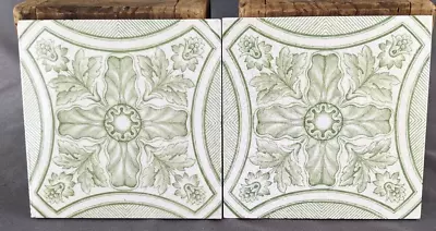 2 Antique Green White English MAW & CO Glazed Tiles Floral Motif 6  X 6  • $65