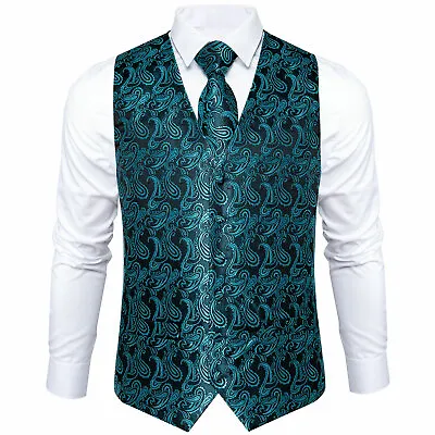 30 Pattern Mens Blue Paisley Waistcoat Silk Wedding Suit Vest Tie Set Formal Par • $24.99