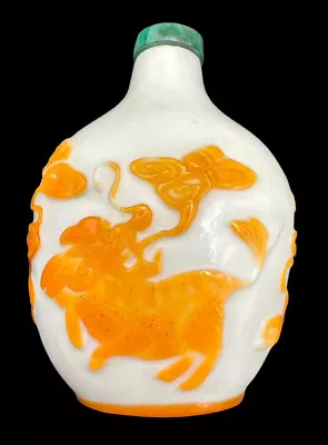 Chinese Peking Orange & White Cameo Glass Snuff Bottle Malachite Top • $199