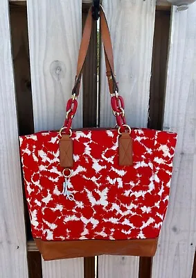 MILLY Large Red & White Splatter Canvas & Brown Leather Tote/Handbag  • $33.99