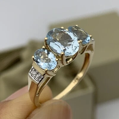 £115.91 • Buy NEW Natural Blue Topaz & Diamond 3-Stone Anniversary Ring Band 14K Solid Gold