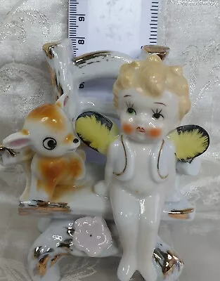Vintage Japanese Ceramic Figurine Of Cupie Doll And Baby Deer On A Chair • $27