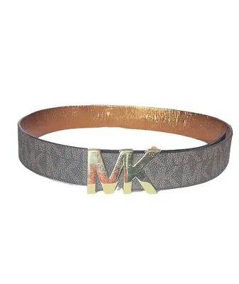 MICHAEL KORS Brown/ Bronze Logo MK Gold Plaque Women's Belt-Size Medium 32”-36” • $10.19