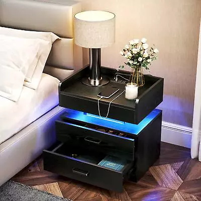 TC-HOMENY RGB LED Light Nightstand + Charging Station End Side Table Night Stand • $83.29