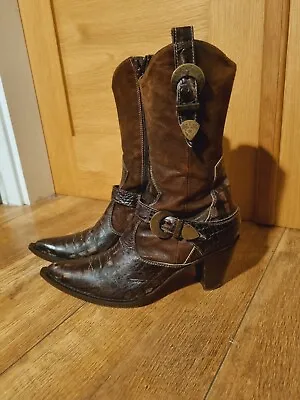 Lea Foscati Leather Cowboy Boots With Buckes Brown Size 38 Made In Italy • £60