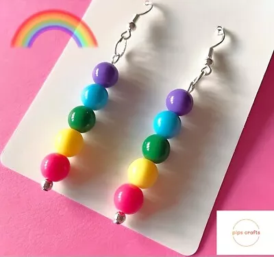 Fun Colourful Rainbow Bead Dangle Earrings Quirky Handmade Jewellery Pride • £2.95