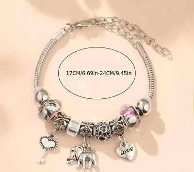 Style Of Pandora Bracelet Pink Crystal Heart Love Elephant Key • £5.24