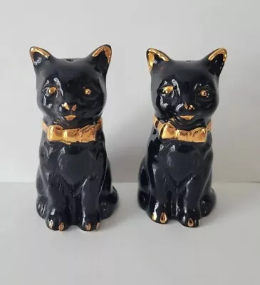 Vintage Black Cat Salt Pepper Shakers Figurines Gold Accent 3in Tall Halloween  • $14.20