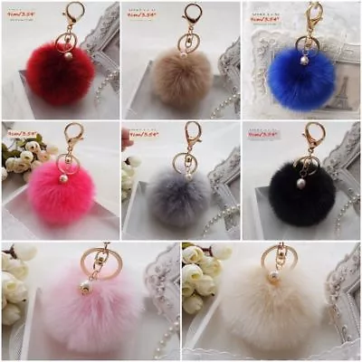 Keyring Soft Faux Fluffy Rabbit Fur HandBag Pendant Charm Pompom Keychain • £3.89