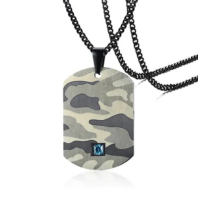 Army Soldier Camouflage Pendant Men Necklace Dog Tag Blue Cubic Zirconia Gift • $4.99
