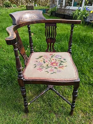 Edwardian Walnut & Satinwood Inlay Corner Chair Turned Legs Tapestry Seat VGC • £95