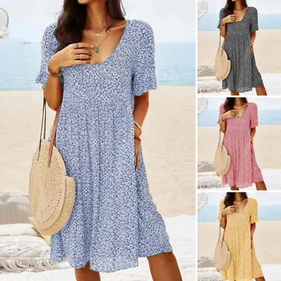 $27.06 • Buy Womens Hawaiian Summer Beach Short Sleeve Party Sexy Loose Waist Mini Dress NEW