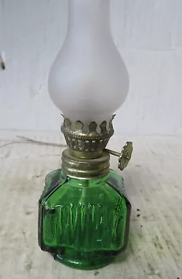 Vintage Cobalt Green Glass Mini Oil Lamp Hurricane Hong Kong 4-1/4  Tall • $10.47