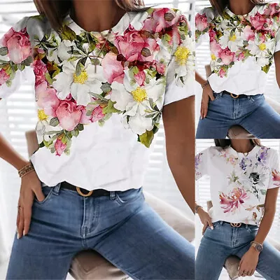 Womens Floral Short Sleeve T-Shirt Tops Ladies Summer Casual Loose Blouse Tee • £2.99