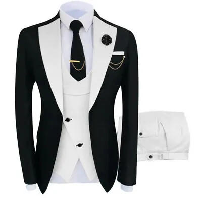 Men Peak Lapel Suit White Vest Pants Groom Prom Party Tuxedo Wedding Suit Custom • $98.09