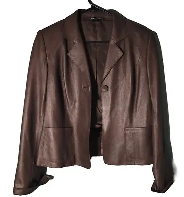 ELLEN TRACY-Brown Soft Leather Womens 1.Bttn Casual Waist Sport Coat-(12/P) • $24.95