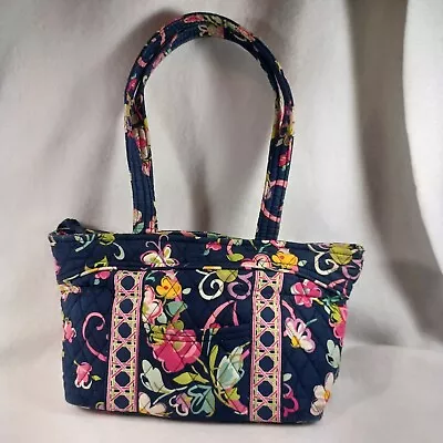 Vera Bradley Mandy Ribbons Pattern Navy Blue With Pink Flowers Shoulder Bag • $12.99