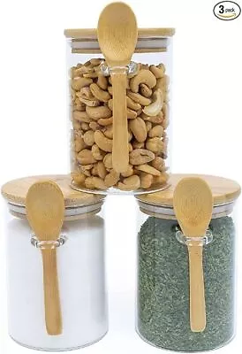 NEW 3 Air Seal Tight Glass Jars With Bamboo Lids  Bamboo Spoons • $13.95