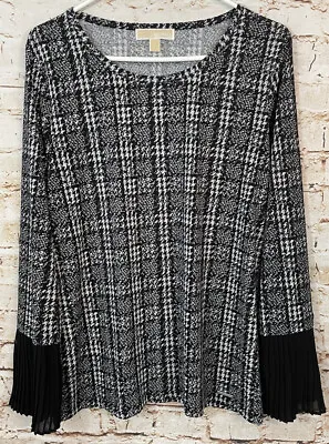 Michael Kors Women Large Top Tunic Black White Long Slv Pleated Cuff Houndstooth • $17.84
