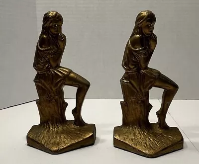 Vintage Cast Iron Bookends Young Woman Sitting Thinking On Tree Stump • $29.95