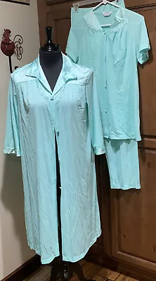 Vanity Fair 3 Piece Pajama Set Shirt Pants Robe Small Womens Nylon Green Vintage • $17