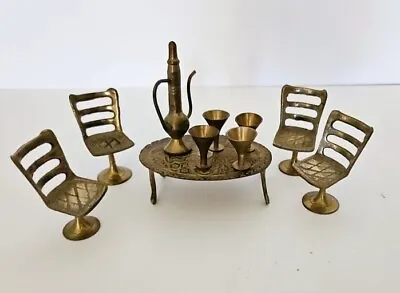 Vintage Miniature Brass Dining Table Chair Maharaja 10 Piece Set Made In India  • $10