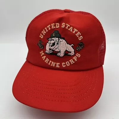 VINTAGE USMC Marines Hat Cap Red SnapBack Trucker Bulldog Made In USA Mens • $23.95