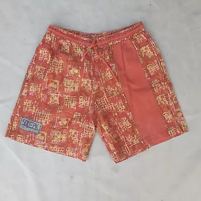 Vintage 80s Printed Beach Shorts Men's Medium Orange High Waisted Cotton • $16.95