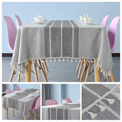 Rectangle Table Cloth Cotton Linen Dust Cover With Tassel Dining Tablecloth • £21.19