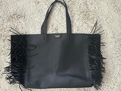 VICTORIA'S SECRET Black Large Fringed Tote Bag Faux Leather Double Handles • $17.95