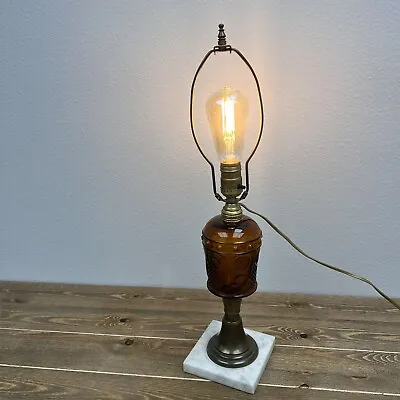 Vintage Early American Oil Lamp Amber Glass Conversion Into Light Bulb Lamp • $152.93