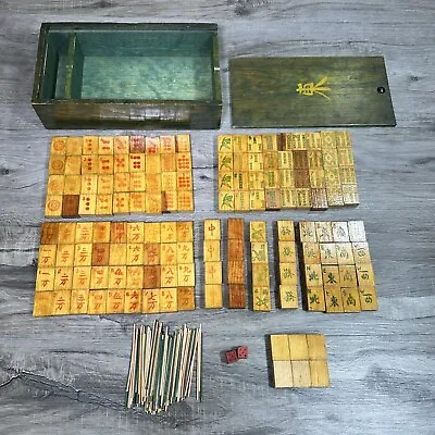 Vintage Mah Jong Game Wooden Pieces & Box 146 Tiles Pung Chow Green Box Antique • $111.99