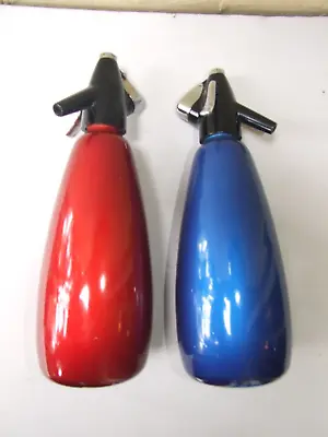 Vintage 2x Retro Red & Blue Anodised Soda Syphon Bottles  BOC England Bargain • $75