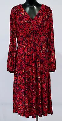 Maggy London Women's V-Neck Smocked Bishop Sleeve Midi Dress NC3 Navy/Red Large • $32.99