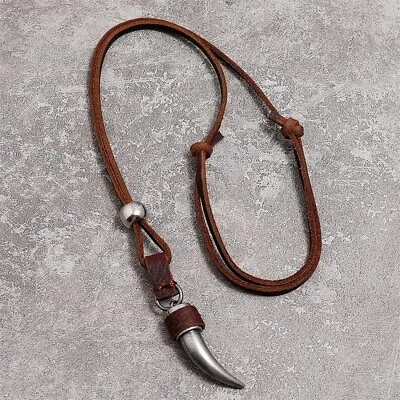 Mens Brown Leather Cord Necklace Bronze Metal Horn Pendant Minimalist Gift Him • £10.99