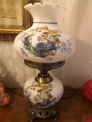 Vtg GWTW Floral Hurricane Lamp 3 Way Blue/Yellow Floral 20  Pre-Owned • $59.99