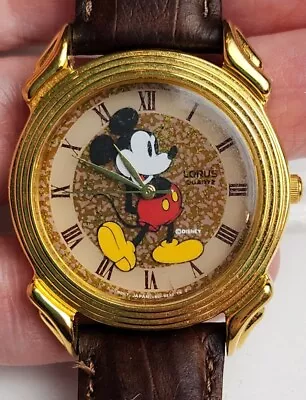 Vintage Disney Mickey Mouse Watch Lorus Quartz Gold Tone Leather Band • $23.99