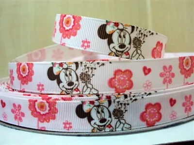 2 METRE MINNIE MOUSE + FLOWERS RIBBON SIZE 5/8s HAIR BOWS HEADBANDS CAKE CRAFTS • £1.39