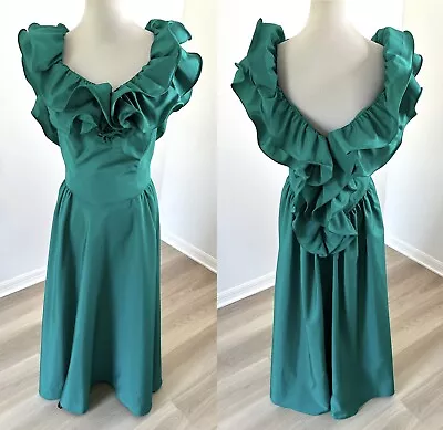 Vintage 80s Teal Ruffle Prom Party Dress 35” Bust Handmade? Tafetta  • $59.99