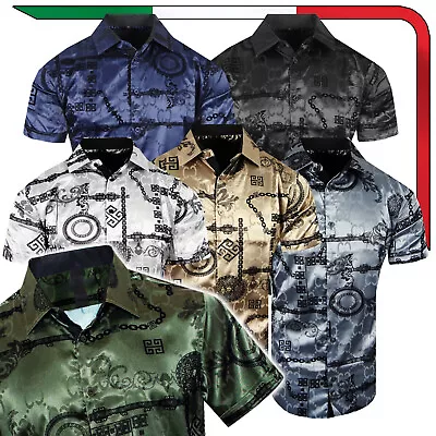 Italian Velvet Floral Stripe Short Sleeve Shirt Mens Luxury Silky Stretch Button • $29.95