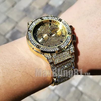 Hip Hop Icy Gold PT Rapper's Bling Luxury Lab Diamond Metal Wrist Analog Watch • $27.99