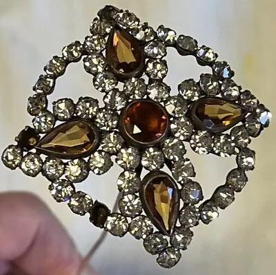 Antique Victorian Amber Glass Stone Teardrop & Clear Rhinestone Hatpin 10 1/4  • $41