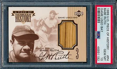 BABE RUTH 1999 Upper Deck Piece Of History Game Used Bat PSA 10 Gem Mint - Pop 8 • $29999.99