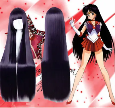 Sailor Moon Mars Hino Rei Long Straight Purple Black Mixed Cosplay Wig +Wigs Cap • £26.39