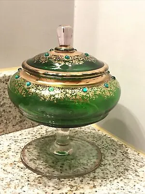 Vintage Moser Emerald Green Art Glass Apothecary Candy Jar Gold Gilt Jeweled • $73