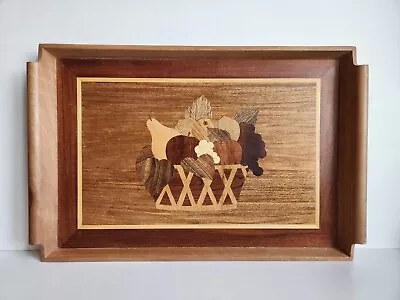 Vtg Wood Inlay Serving Tray Marquetry Fruit Basket Design Party Decor Wall Art • $29.99