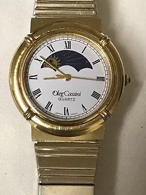 Vintage Oleg Cassini Gold-tone Quartz Watch Dial Sun Moon Roman Numerals • $45