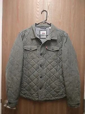 Levi's Jacket Mens Medium Olive Diamond Quilted Jacket Gingham Lined Cotton  • $30