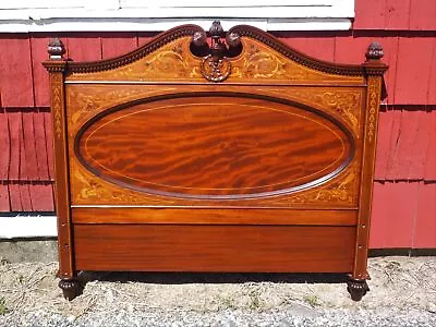 Vintage Art Nouveau Mahogany Marquetry Inlay Pediment Full Double Headboard Bed • $877.50